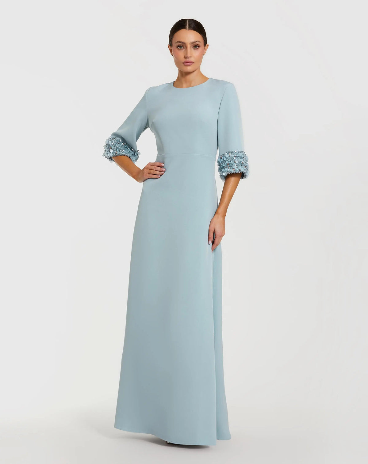 Mac Duggal Blue A-Line Crepe Gown With Embellished 3/4 Sleeves
