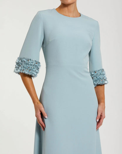 Mac Duggal Blue A-Line Crepe Gown With Embellished 3/4 Sleeves