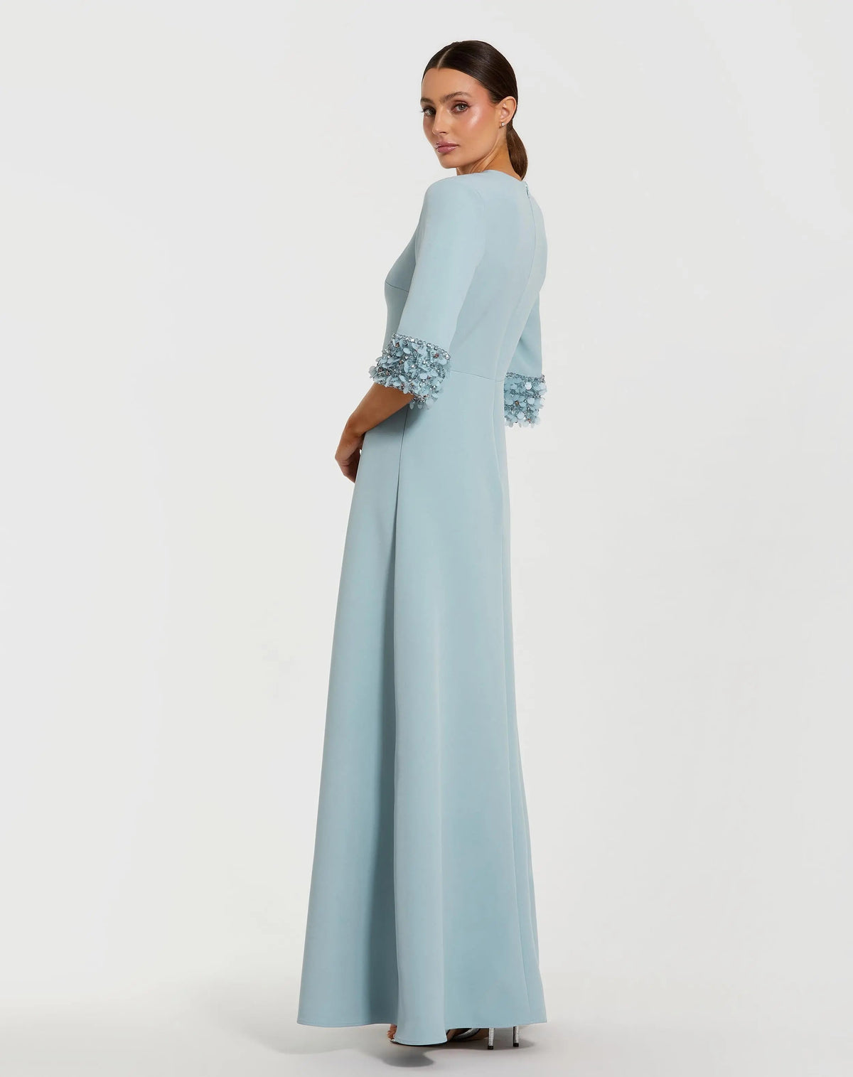 Mac Duggal Blue A-Line Crepe Gown With Embellished 3/4 Sleeves