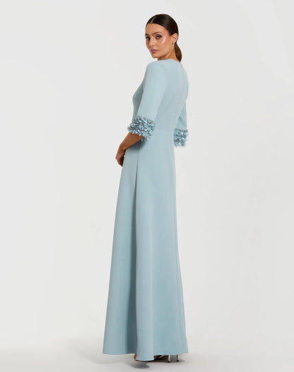 Mac Duggal Blue A-Line Crepe Gown With Embellished 3/4 Sleeves