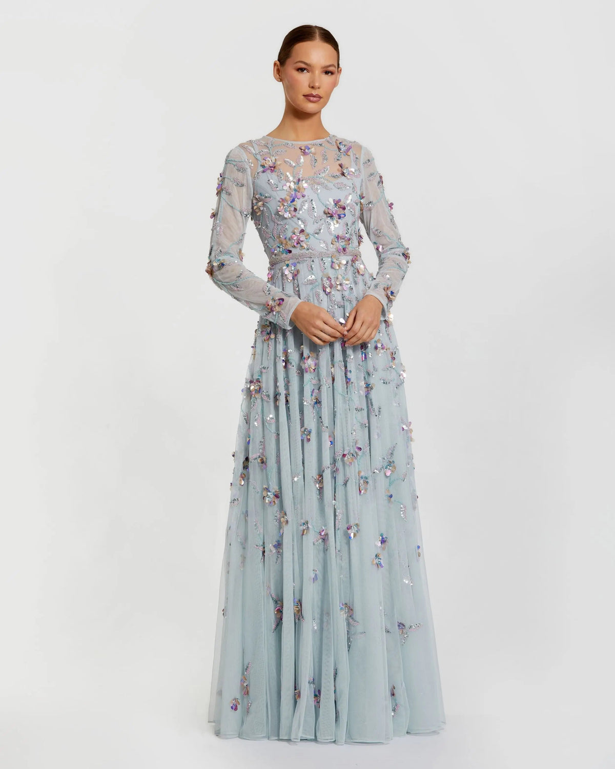 Mac Duggal Light Blue Long Sleeve Floral Embellished Evening Gown