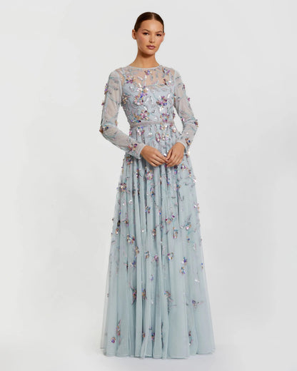 Mac Duggal Light Blue Long Sleeve Floral Embellished Evening Gown