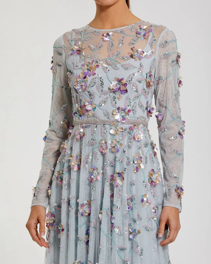 Mac Duggal Light Blue Long Sleeve Floral Embellished Evening Gown