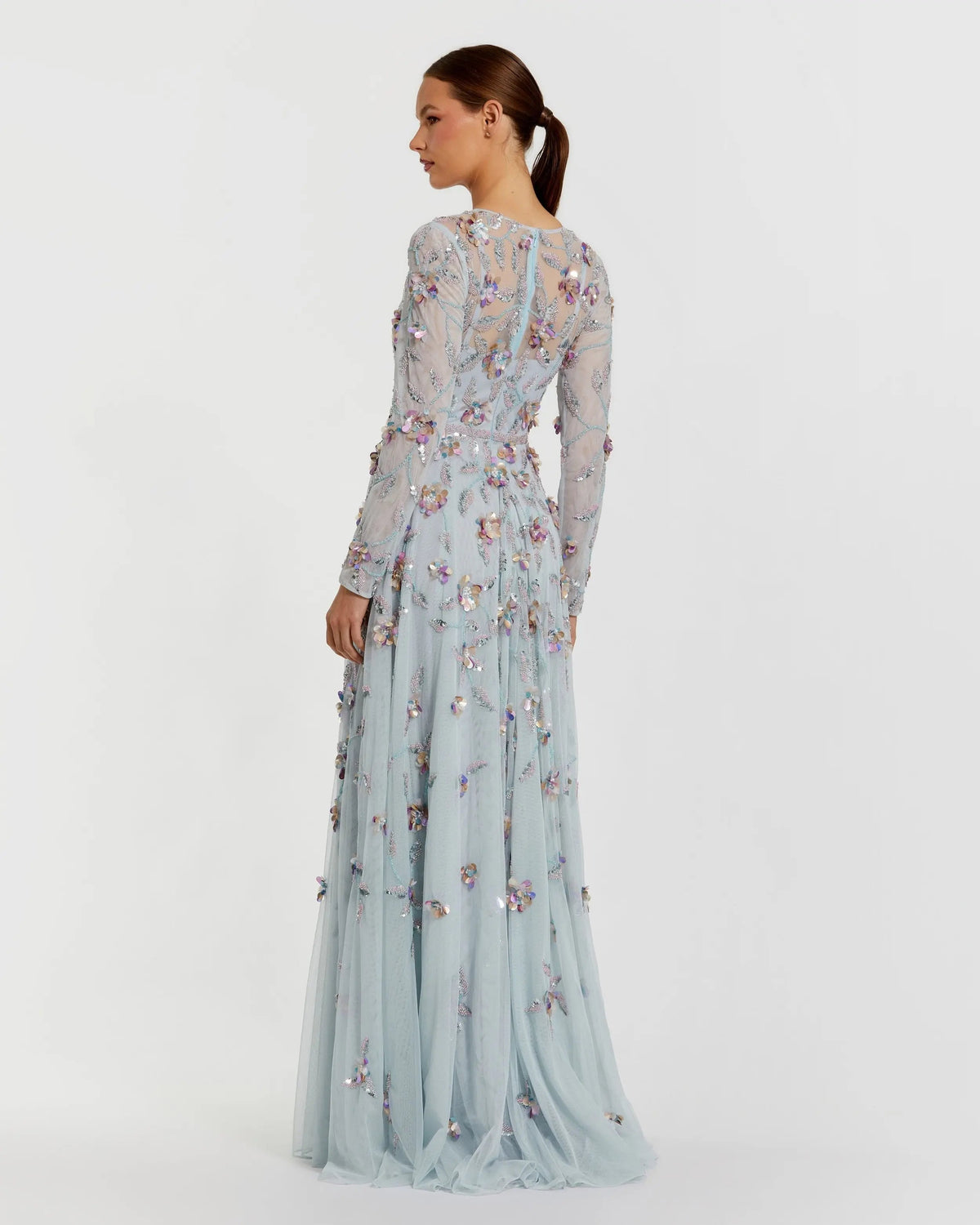 Mac Duggal Light Blue Long Sleeve Floral Embellished Evening Gown