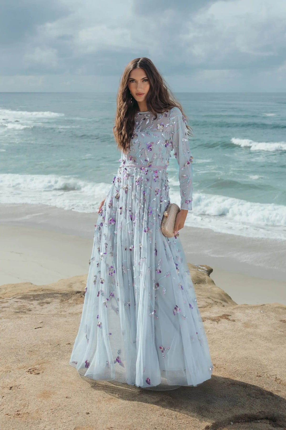 Mac Duggal Light Blue Long Sleeve Floral Embellished Evening Gown