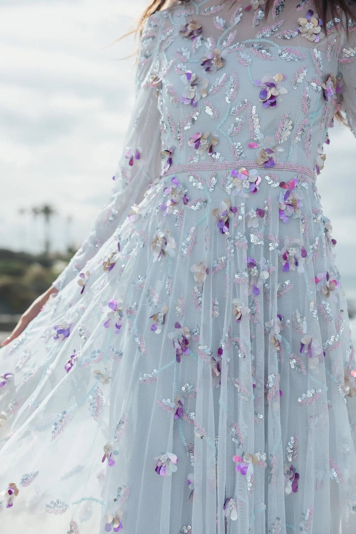 Mac Duggal Light Blue Long Sleeve Floral Embellished Evening Gown