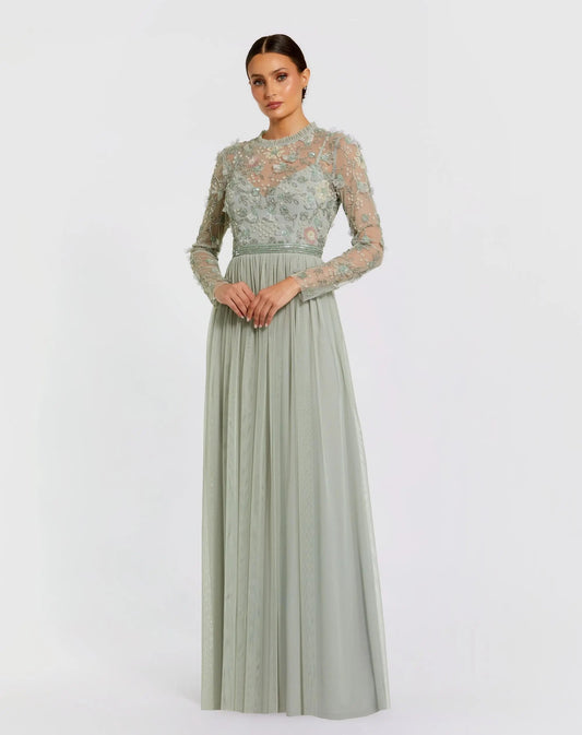 Mac Duggal Light Green Embellished Illusion High Neck Long Sleeve Gown