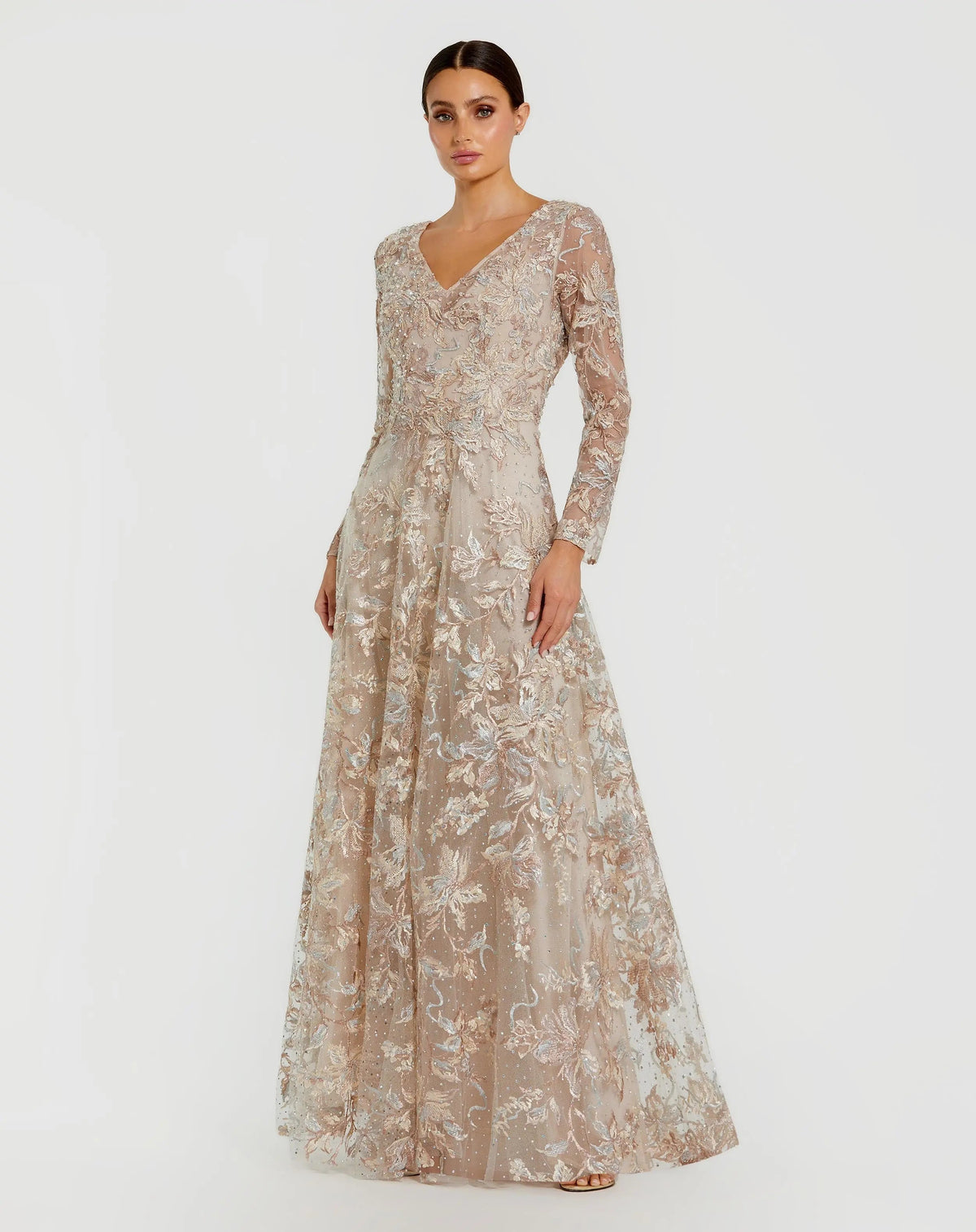 Mac Duggal Beige Embroidered Long Sleeve A-Line Gown
