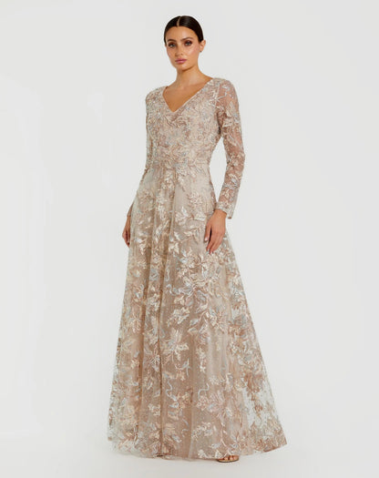 Mac Duggal Beige Embroidered Long Sleeve A-Line Gown