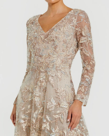 Mac Duggal Beige Embroidered Long Sleeve A-Line Gown