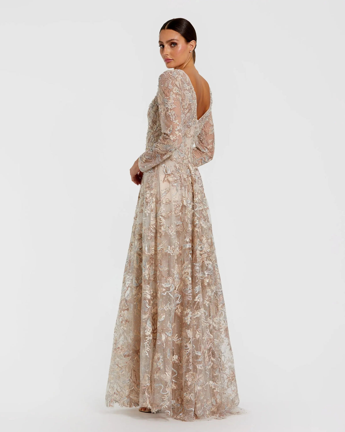 Mac Duggal Beige Embroidered Long Sleeve A-Line Gown