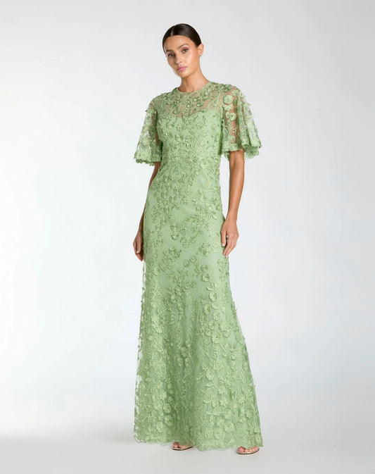 Mac Duggal Sage Green Flutter Sleeve Floral Embroidered Net Gown