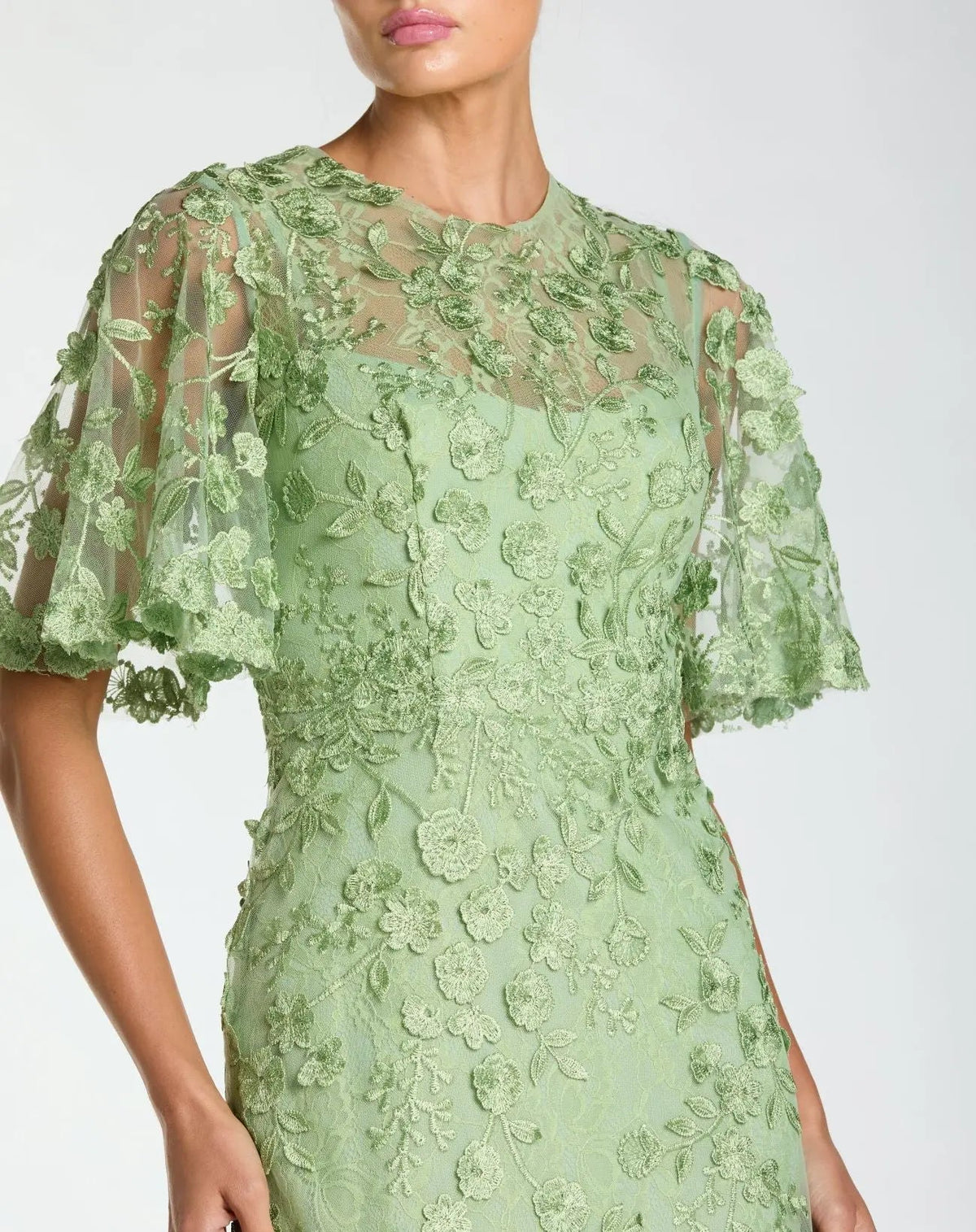 Mac Duggal Sage Green Flutter Sleeve Floral Embroidered Net Gown
