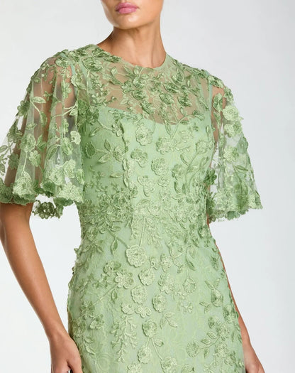 Mac Duggal Sage Green Flutter Sleeve Floral Embroidered Net Gown