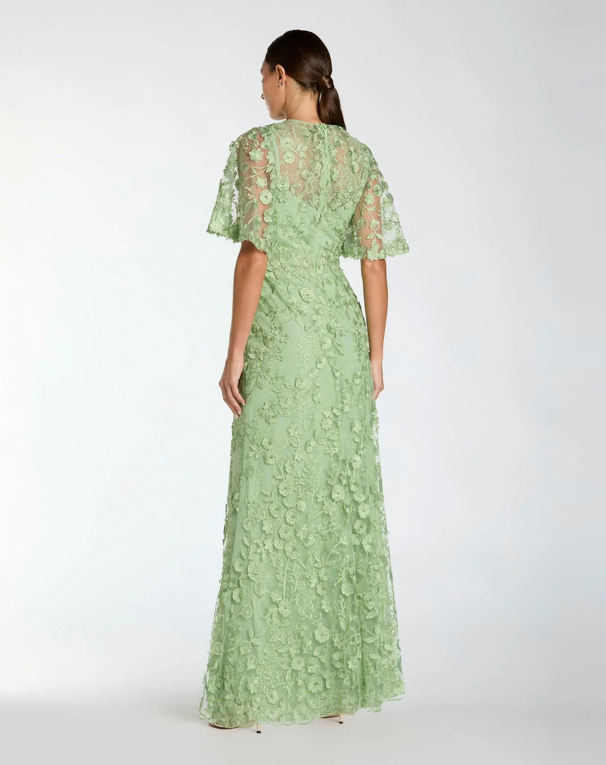 Mac Duggal Sage Green Flutter Sleeve Floral Embroidered Net Gown