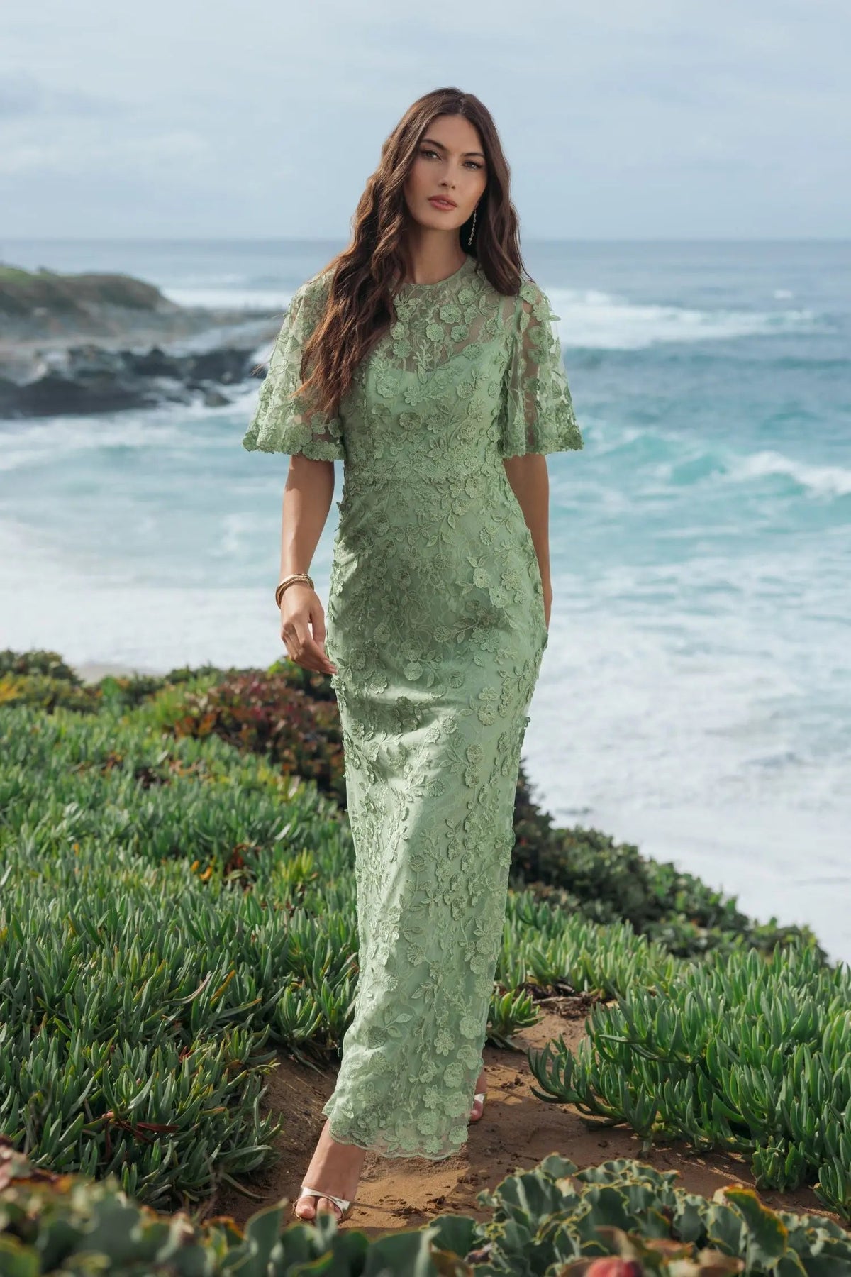 Mac Duggal Sage Green Flutter Sleeve Floral Embroidered Net Gown