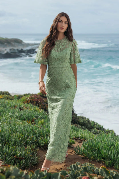 Mac Duggal Sage Green Flutter Sleeve Floral Embroidered Net Gown