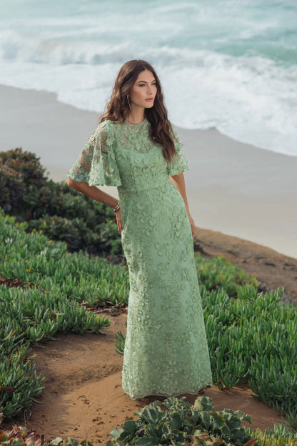 Mac Duggal Sage Green Flutter Sleeve Floral Embroidered Net Gown