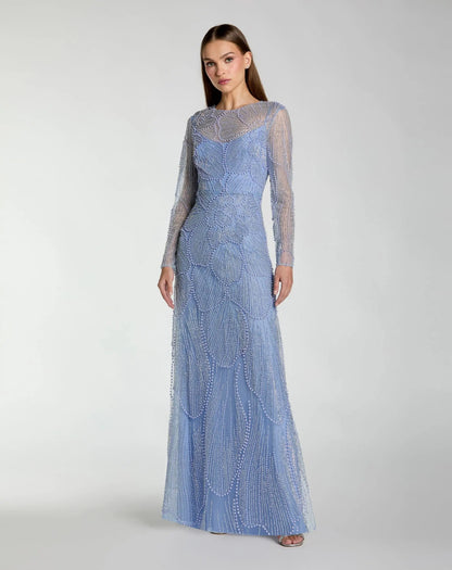 Mac Duggal Blue Beaded High Neck Long Sleeve A Line Gown