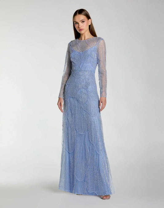 Mac Duggal Blue Beaded High Neck Long Sleeve A Line Gown