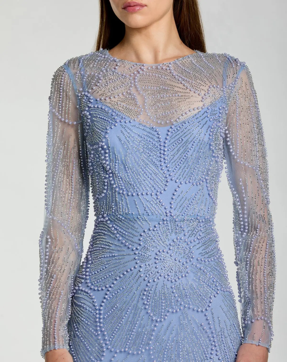 Mac Duggal Blue Beaded High Neck Long Sleeve A Line Gown