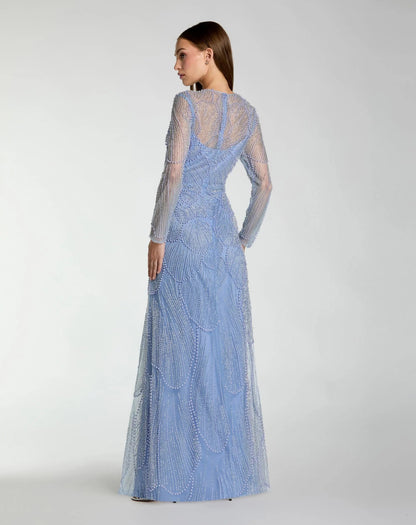 Mac Duggal Blue Beaded High Neck Long Sleeve A Line Gown