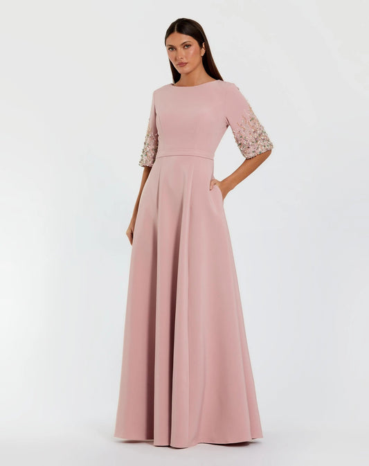 Mac Duggal Pink A-Line Gown With Embellished 3/4 Sleeves