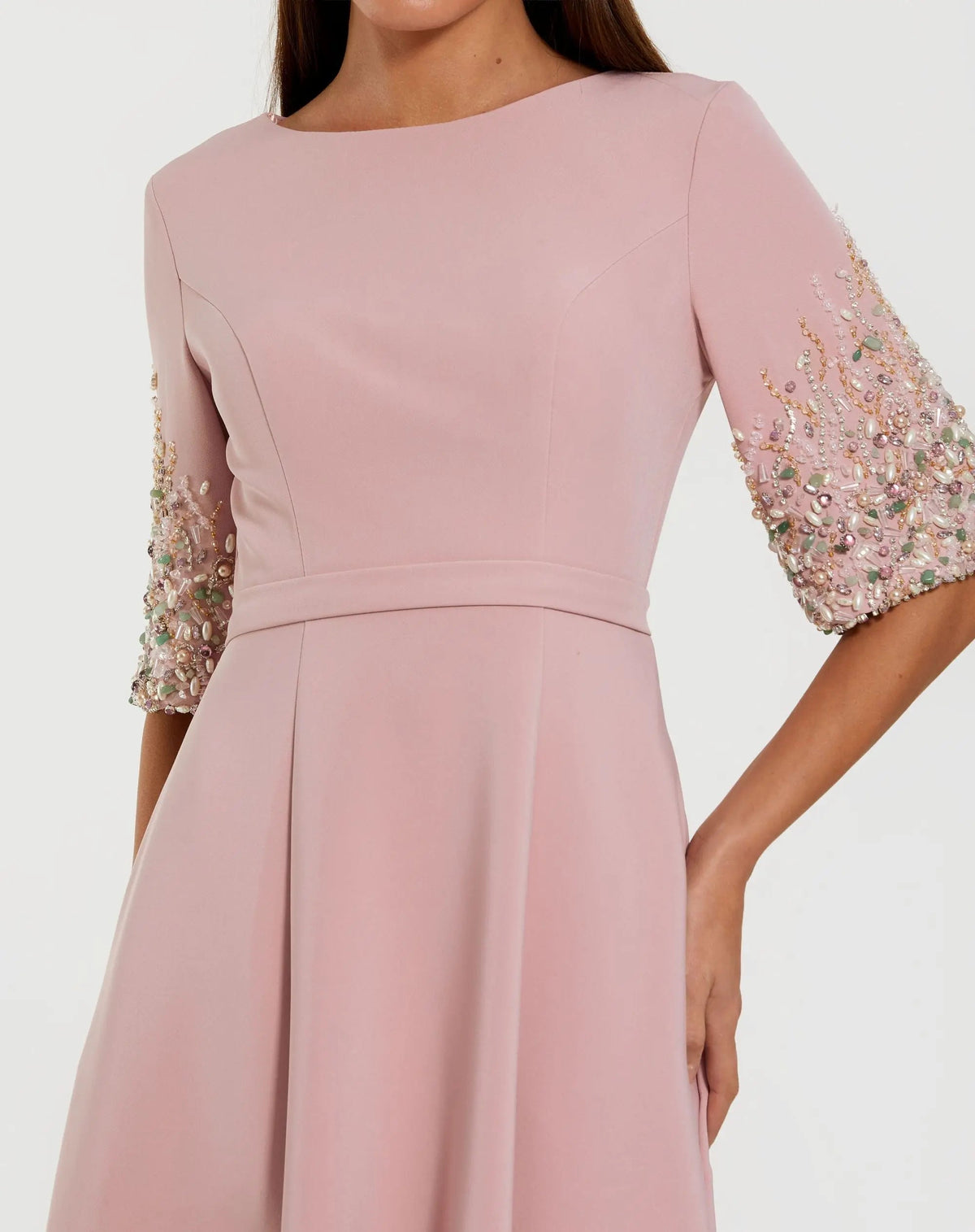 Mac Duggal Pink A-Line Gown With Embellished 3/4 Sleeves