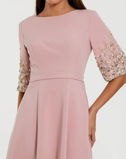 Mac Duggal Pink A-Line Gown With Embellished 3/4 Sleeves