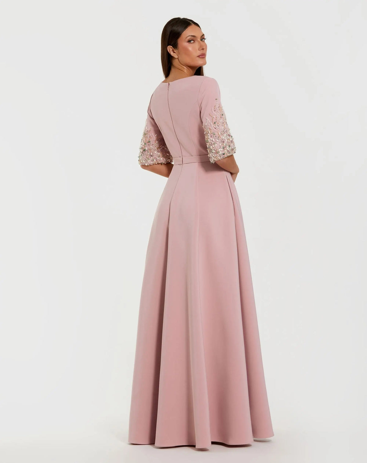 Mac Duggal Pink A-Line Gown With Embellished 3/4 Sleeves