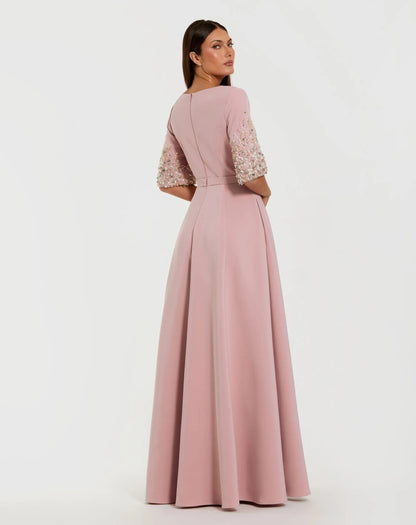 Mac Duggal Pink A-Line Gown With Embellished 3/4 Sleeves