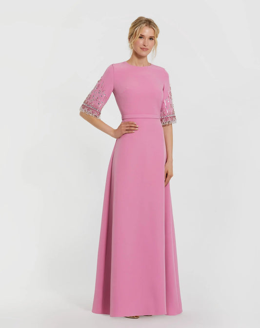 Mac Duggal Pink Crepe A Line Gown With Beaded 3/4 Sleeves