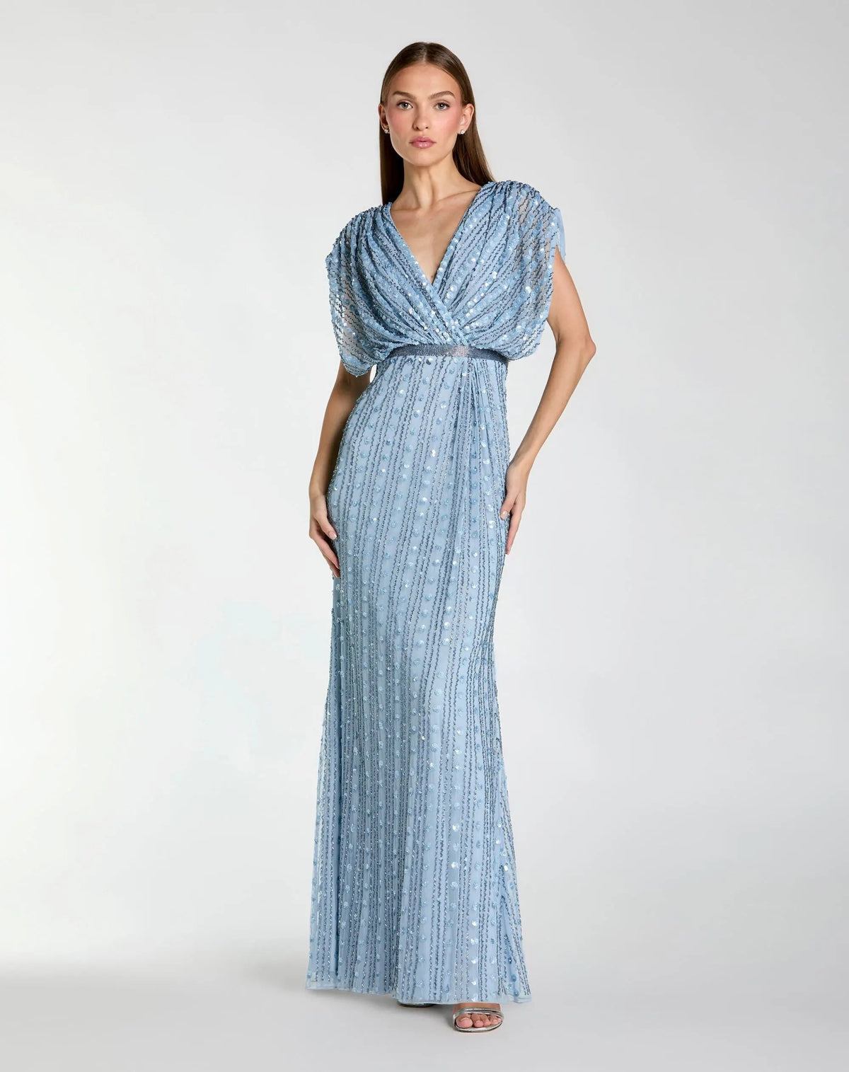 Mac Duggal Blue Beaded Blouson V Neck Column Gown