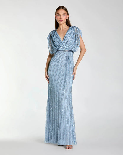 Mac Duggal Blue Beaded Blouson V Neck Column Gown