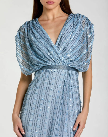 Mac Duggal Blue Beaded Blouson V Neck Column Gown
