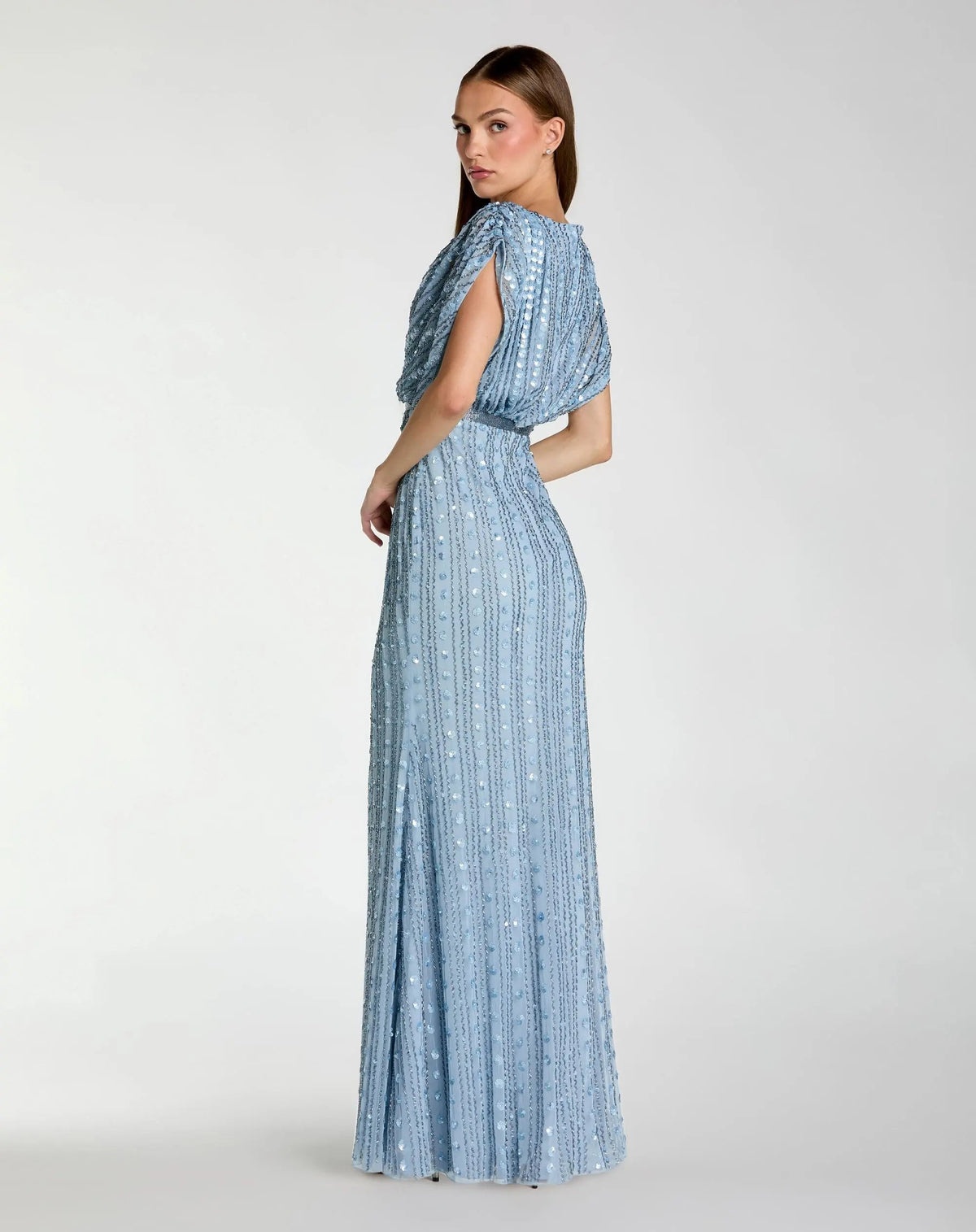 Mac Duggal Blue Beaded Blouson V Neck Column Gown