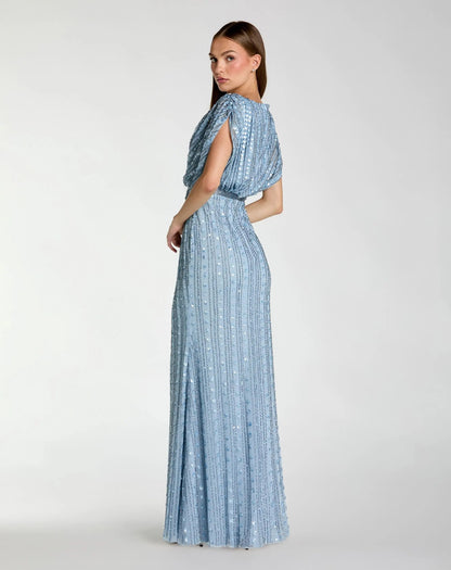 Mac Duggal Blue Beaded Blouson V Neck Column Gown