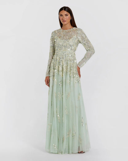 Mac Duggal Green Long Sleeve Sequin Pearl Embellished Gown