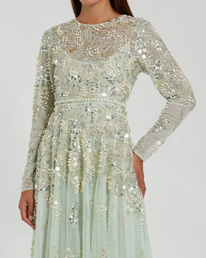 Mac Duggal Green Long Sleeve Sequin Pearl Embellished Gown