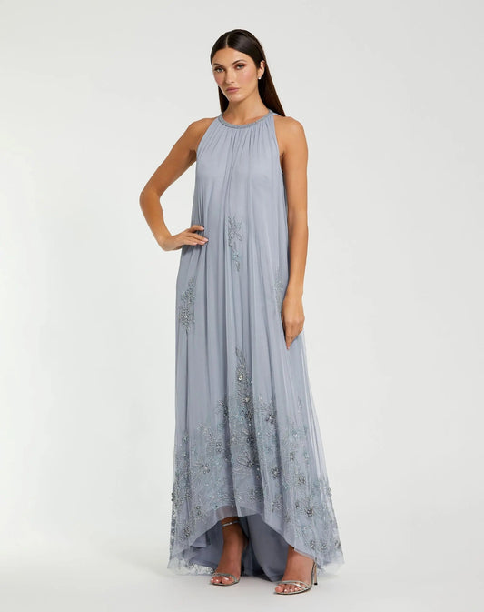 Mac Duggal Blue High Neck Floral Embellished Trapeze Gown