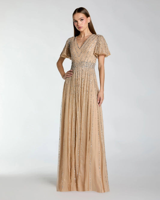 Mac Duggal Beige Sequin V-Neck Flutter Sleeve Gown