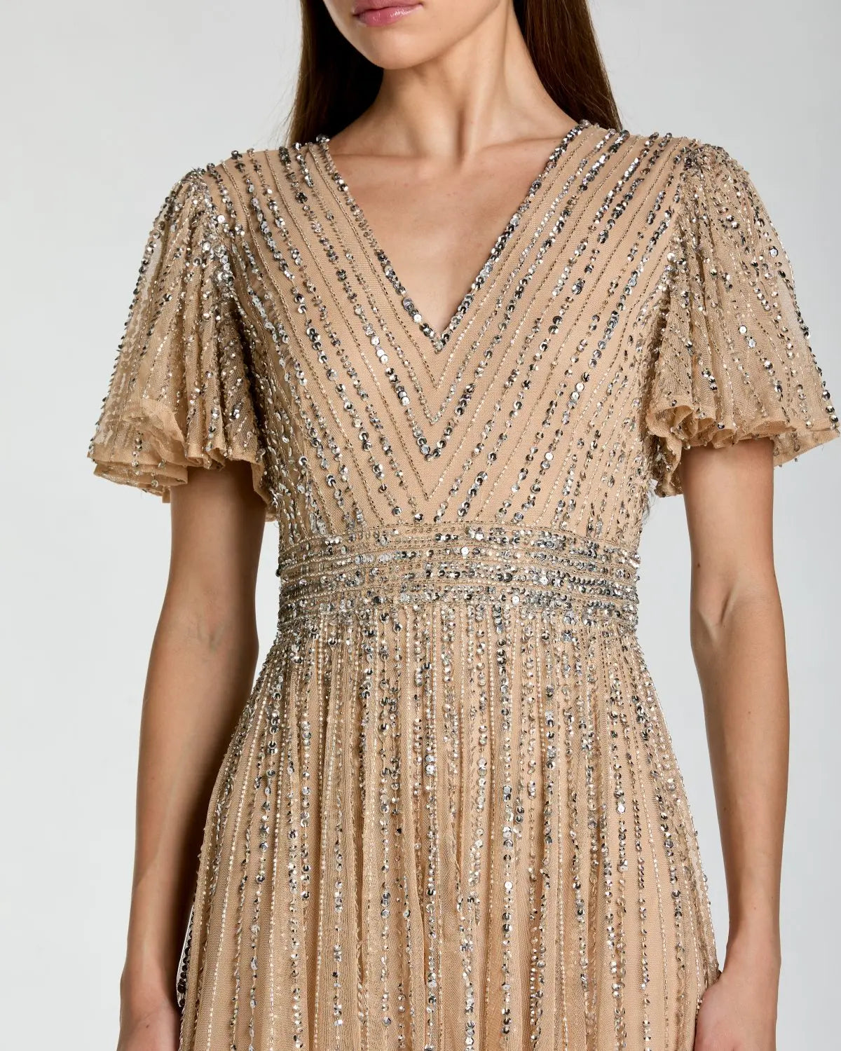 Mac Duggal Beige Sequin V-Neck Flutter Sleeve Gown