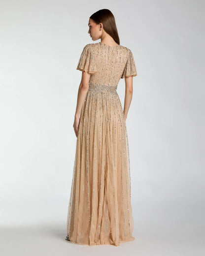 Mac Duggal Beige Sequin V-Neck Flutter Sleeve Gown