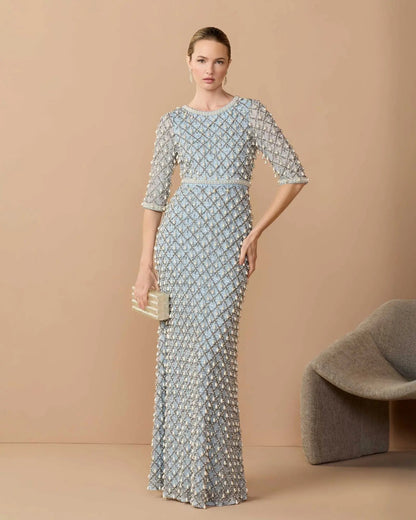 Mac Duggal Blue Pearl Embellished 3/4 Sleeve Gown