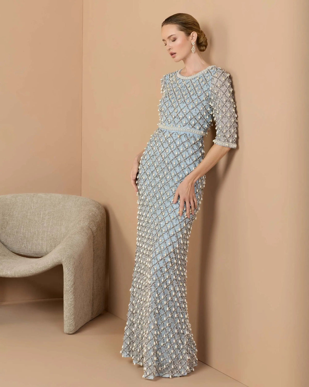 Mac Duggal Blue Pearl Embellished 3/4 Sleeve Gown