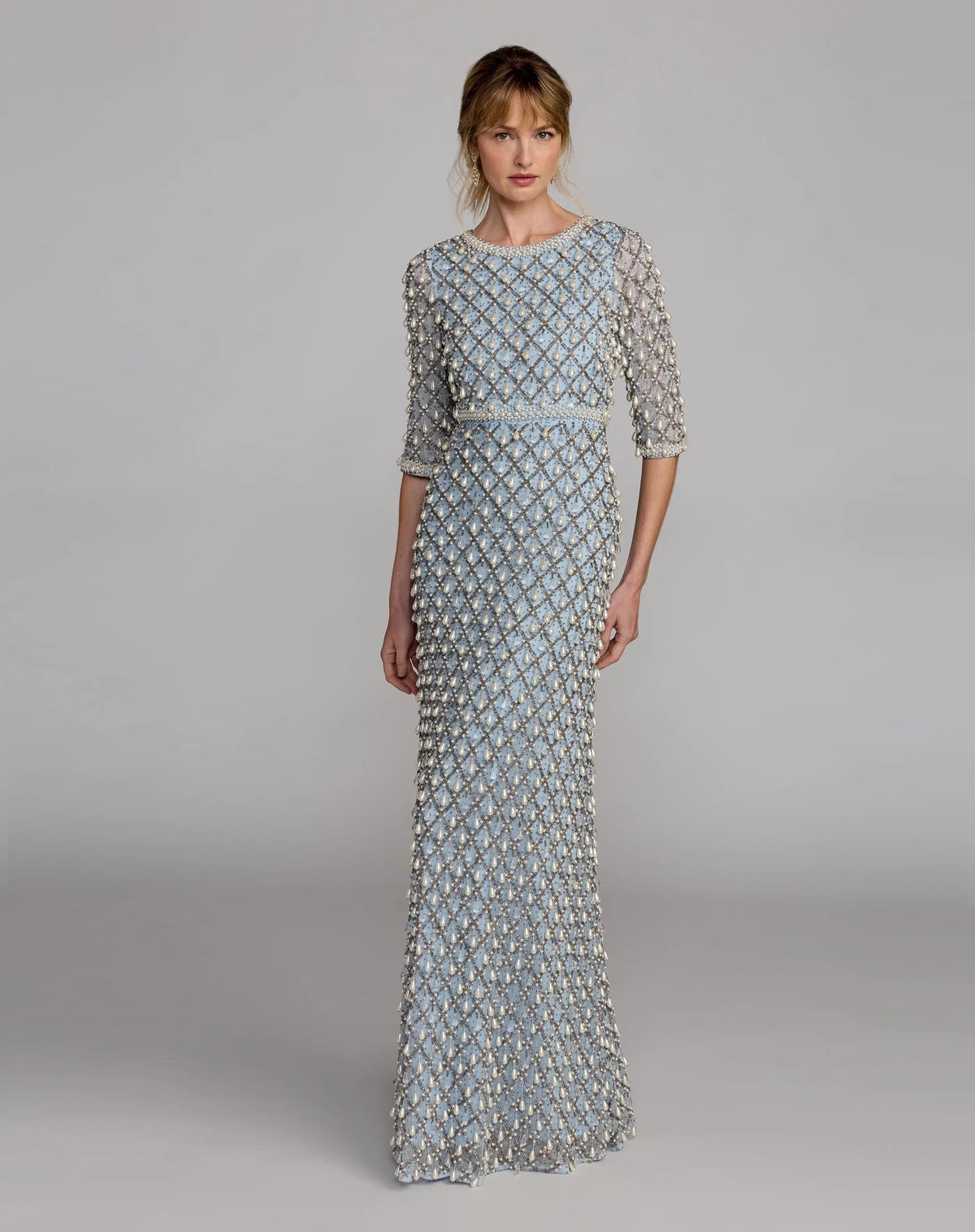 Mac Duggal Blue Pearl Embellished 3/4 Sleeve Gown