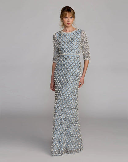 Mac Duggal Blue Pearl Embellished 3/4 Sleeve Gown