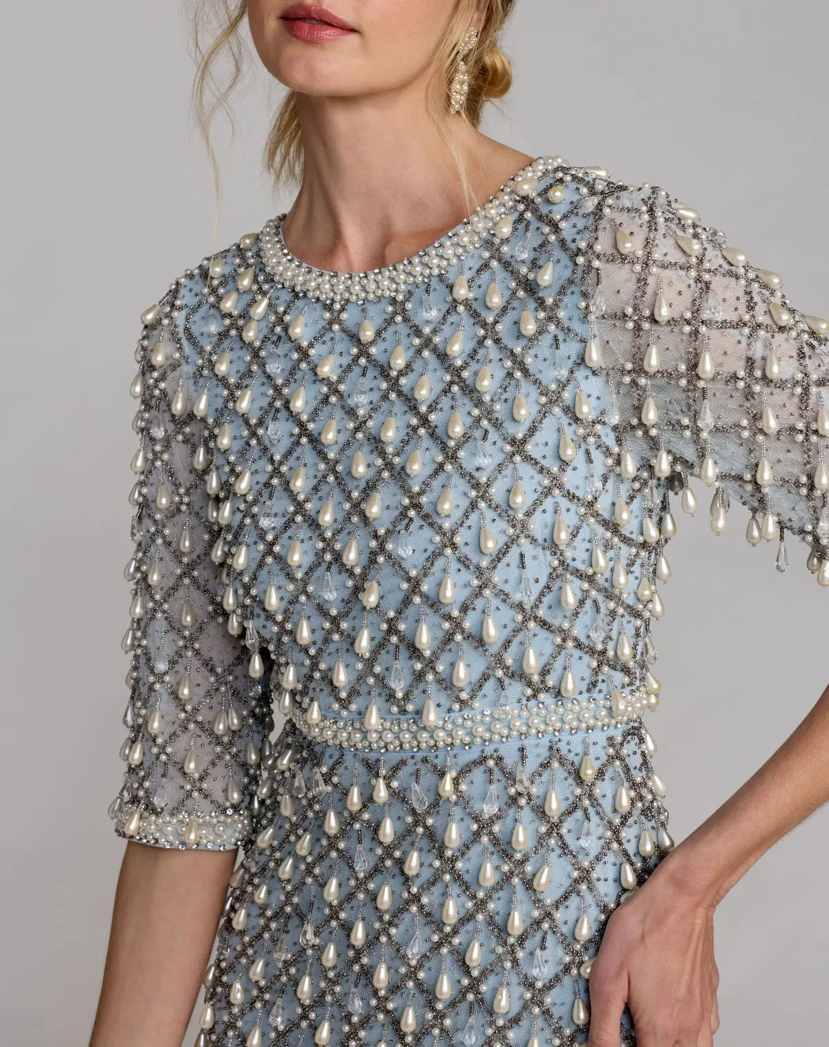 Mac Duggal Blue Pearl Embellished 3/4 Sleeve Gown
