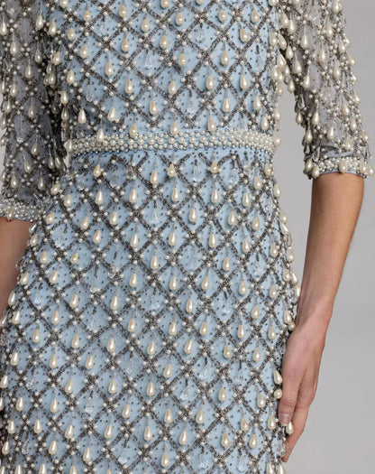 Mac Duggal Blue Pearl Embellished 3/4 Sleeve Gown