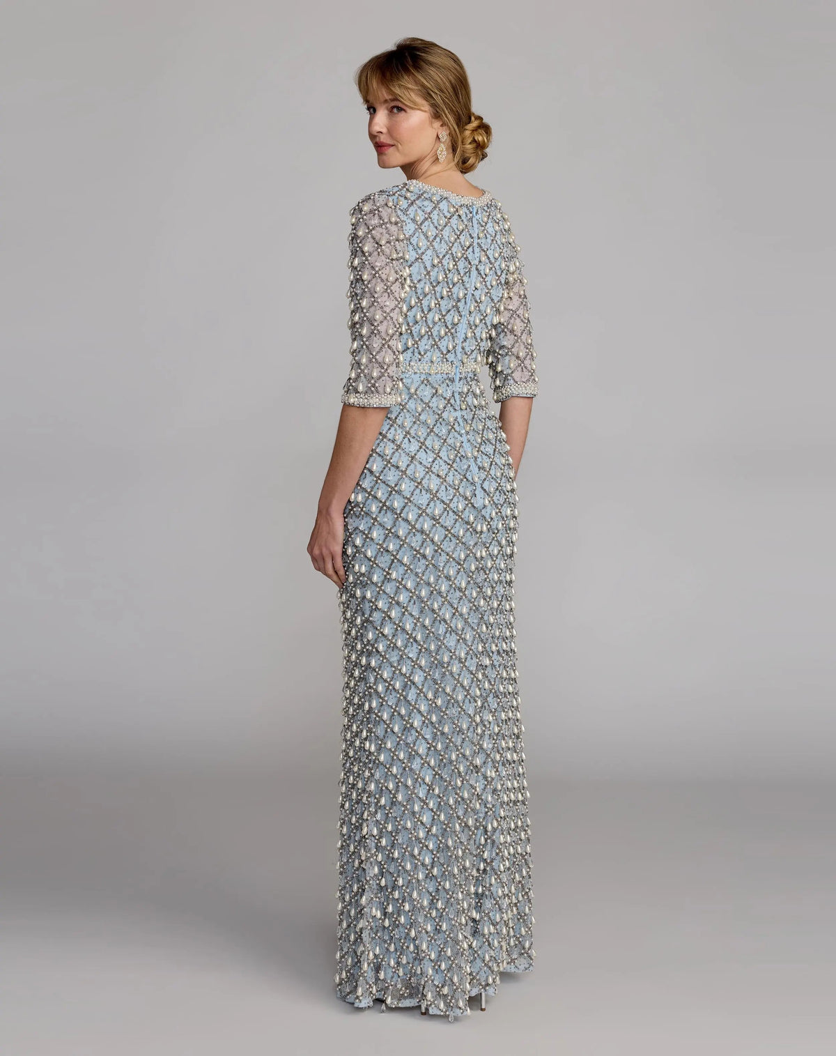Mac Duggal Blue Pearl Embellished 3/4 Sleeve Gown